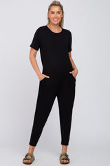 Black Basic Short Sleeve Maternity Jumpsuit