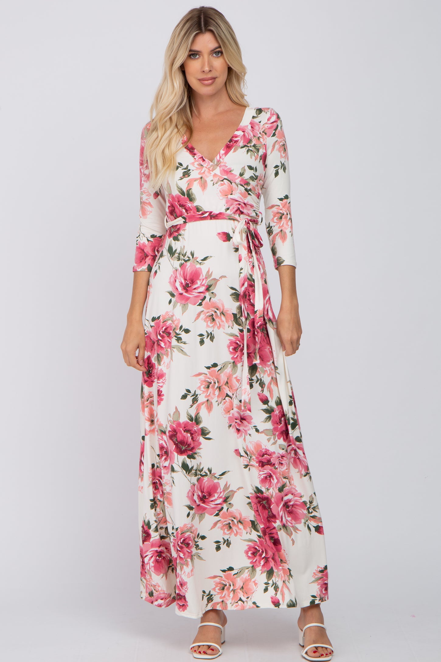 Cream Floral Maternity Wrap Maxi Dress PinkBlush Cream Floral Maternity Wrap Maxi Dress PinkBlush