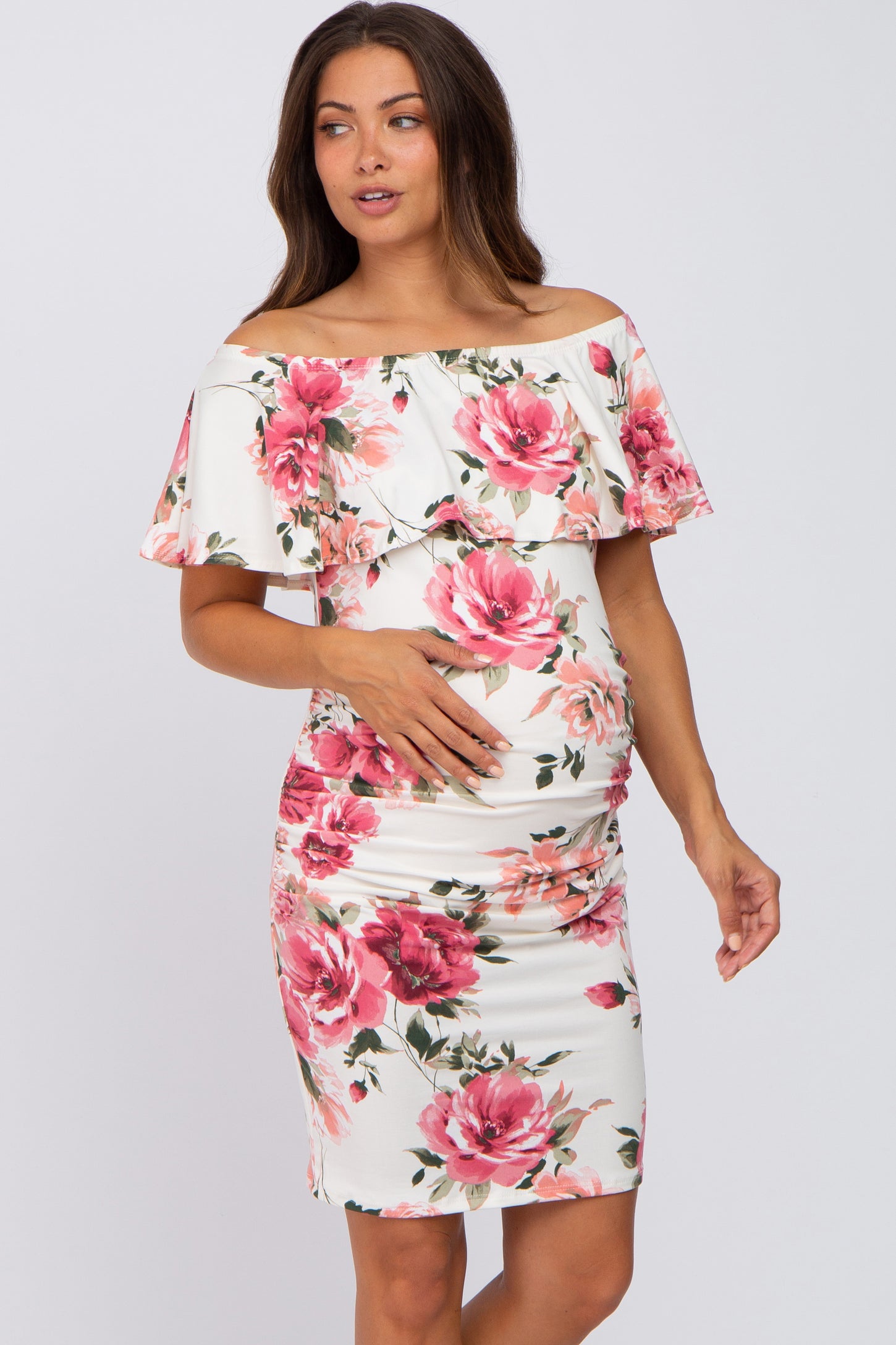 Cream Floral Off Shoulder Maternity Fitted Dress PinkBlush Cream Floral Off Shoulder Maternity Fitted Dress PinkBlush