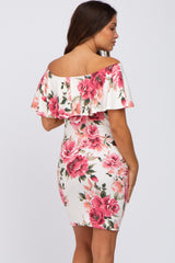 Cream Floral Off Shoulder Maternity Fitted Dress
