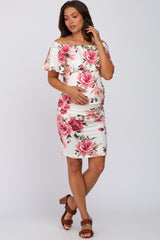 Cream Floral Off Shoulder Maternity Fitted Dress