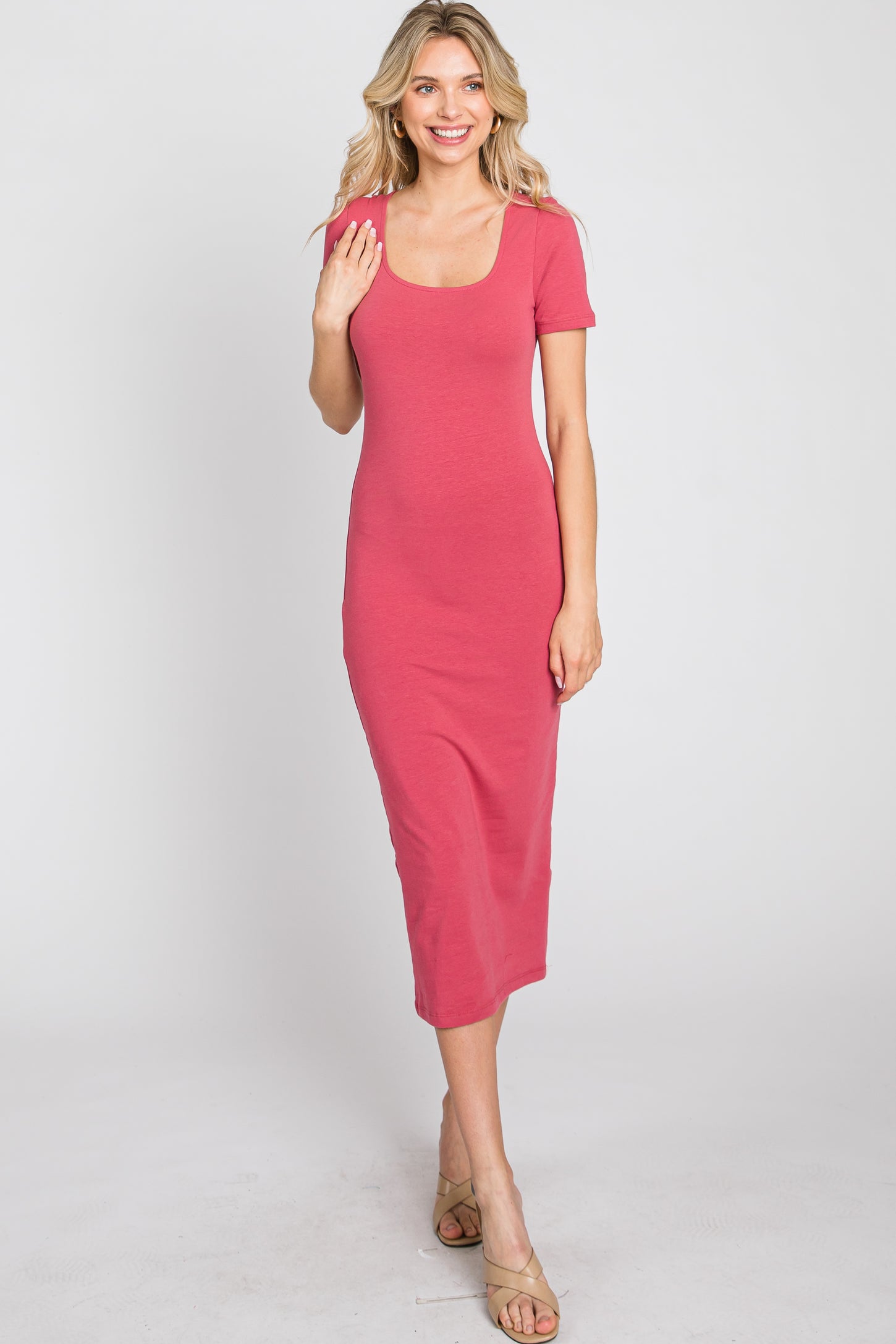 Coral Fitted Midi Dress