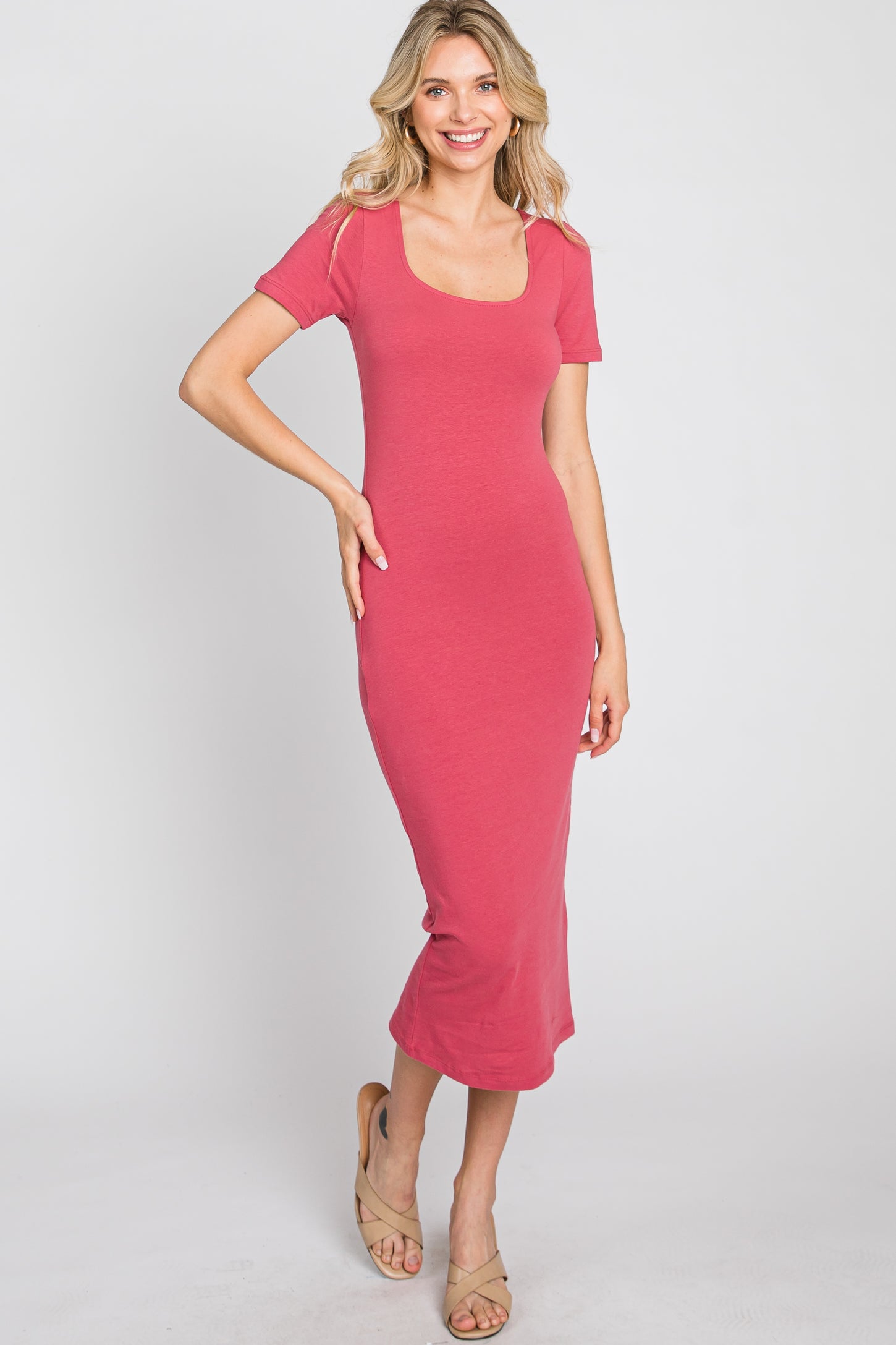 Coral Fitted Midi Dress