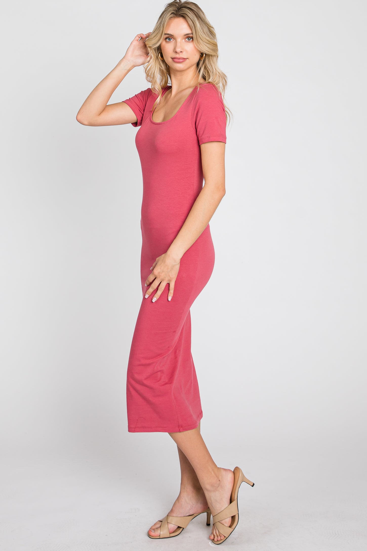 Coral Fitted Midi Dress