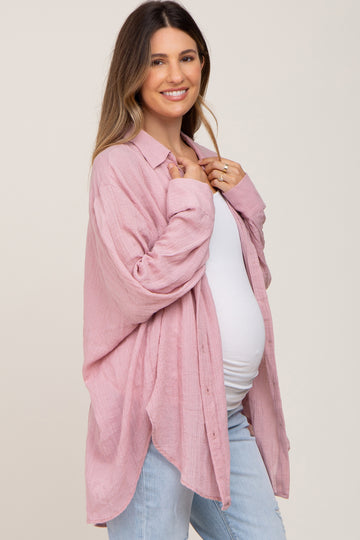 Pink Lightweight Sheer Button Down Blouse