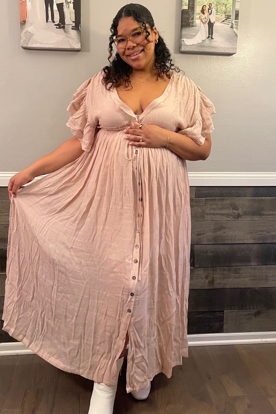 Light Pink Deep V-Neck Button Down Maxi Dress Medium