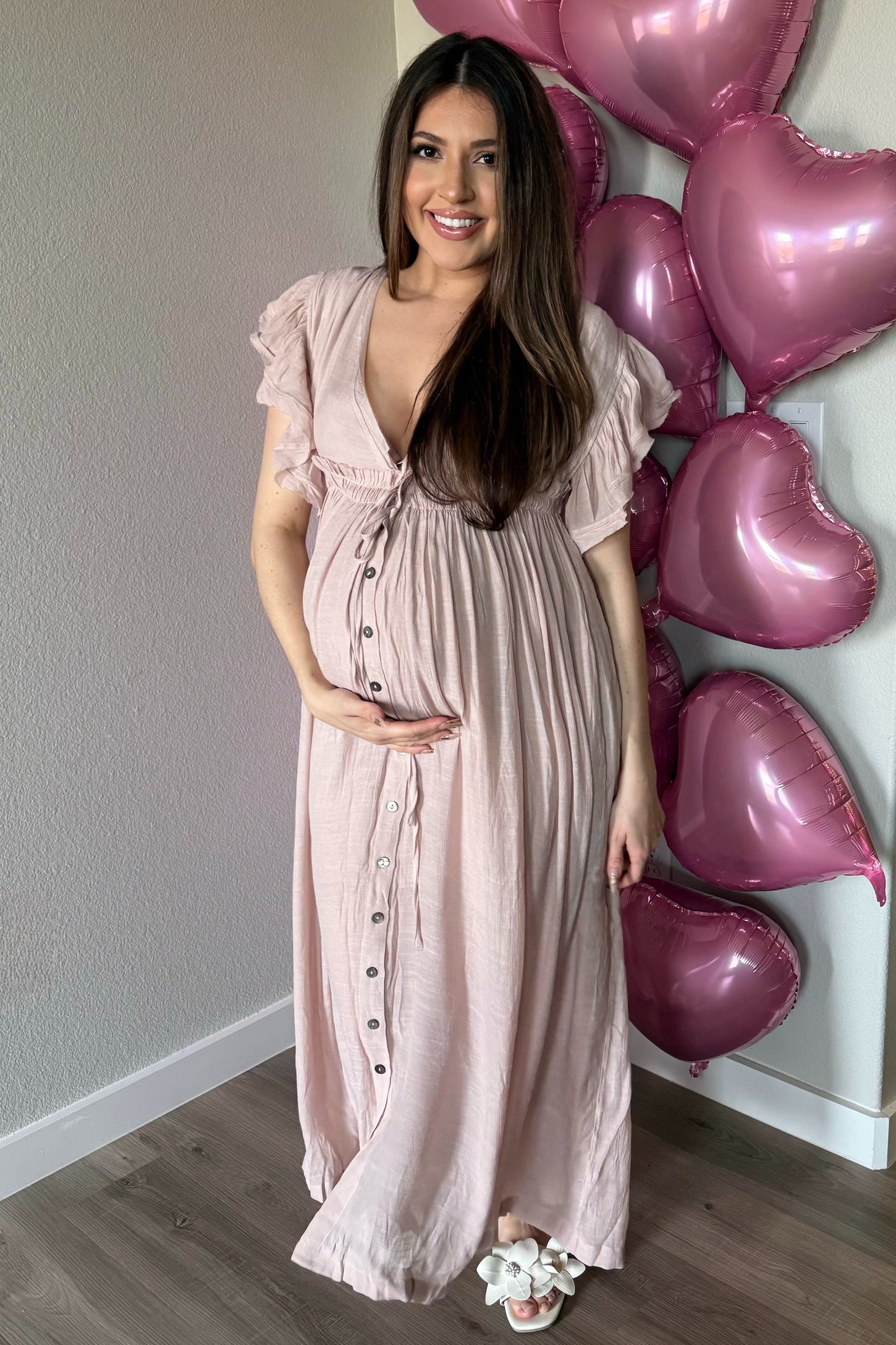 Light Pink Deep V-Neck Button Down Maternity Maxi Dress PinkBlush Light Pink Deep V-Neck Button Down Maternity Maxi Dress PinkBlush