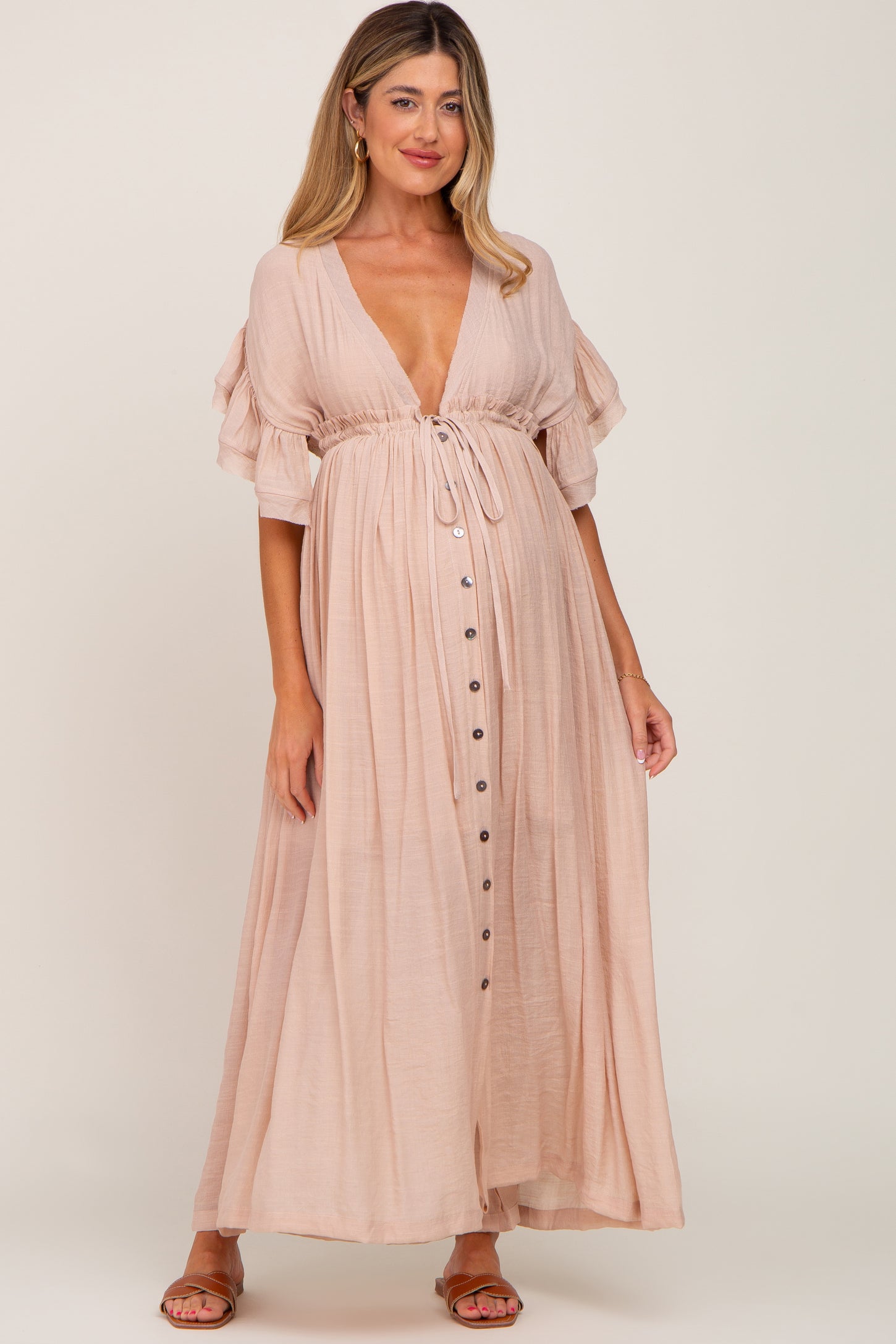 Light Pink Deep V-Neck Button Down Maxi Dress Medium Light Pink Deep V-Neck Button Down Maxi Dress Medium