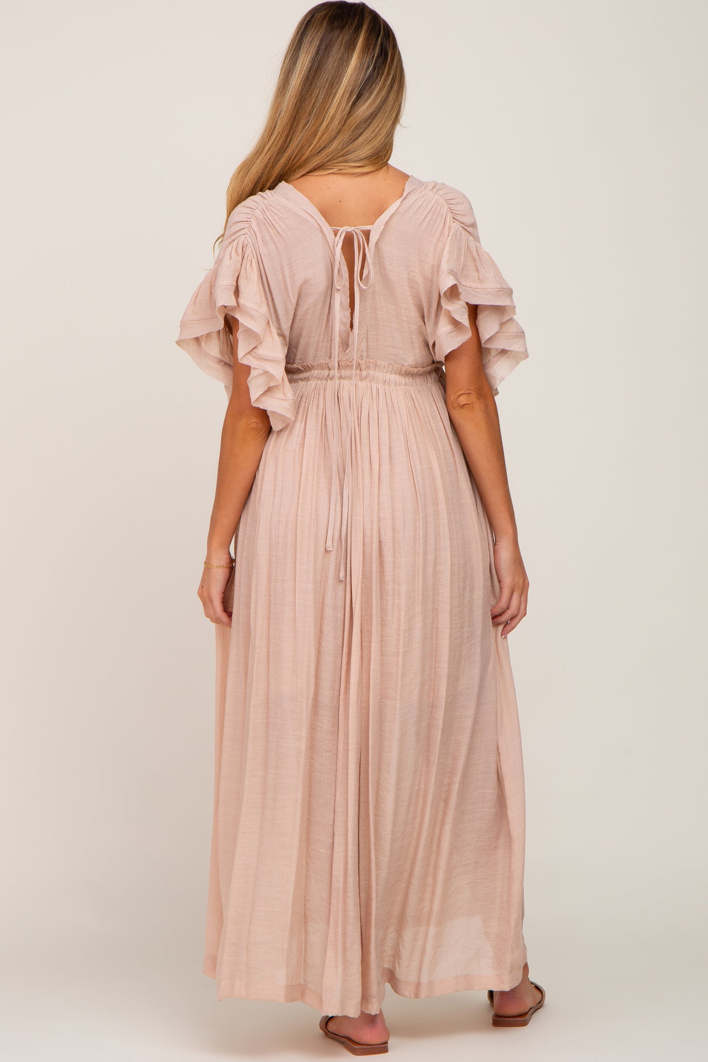 Light Pink Deep V-Neck Button Down Maternity Maxi Dress PinkBlush Light Pink Deep V-Neck Button Down Maternity Maxi Dress PinkBlush