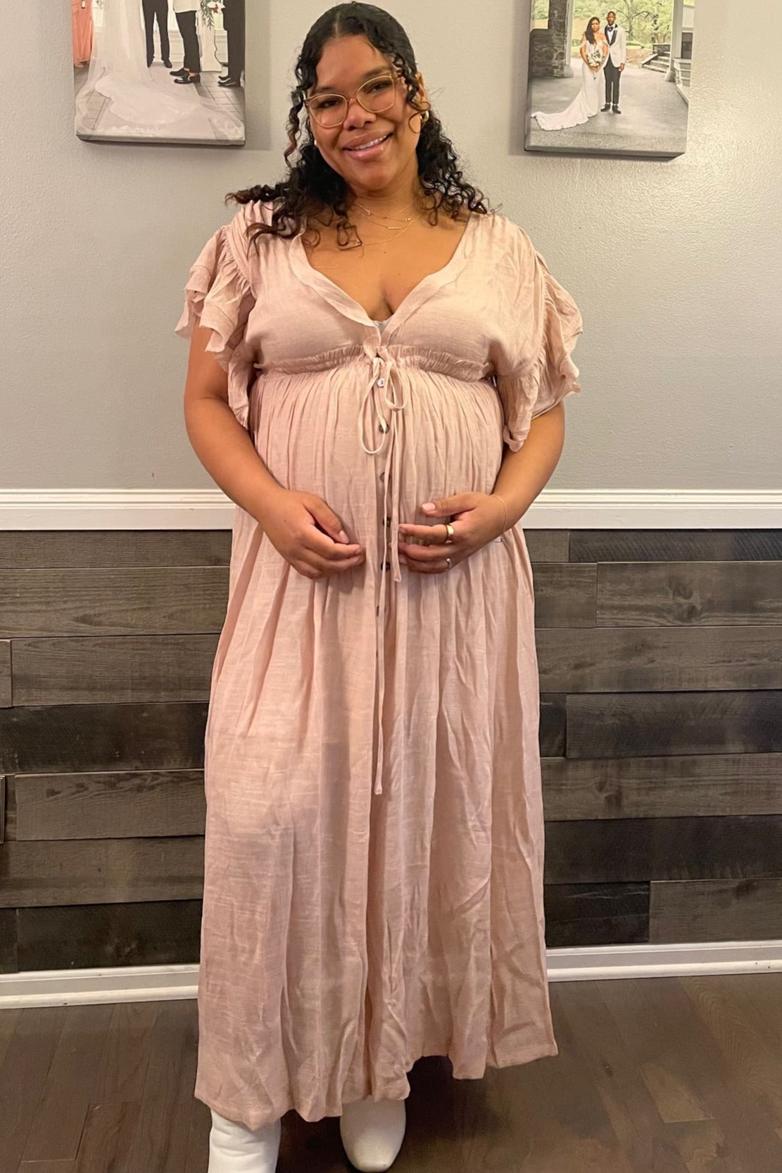 Light Pink Deep V-Neck Button Down Maternity Maxi Dress