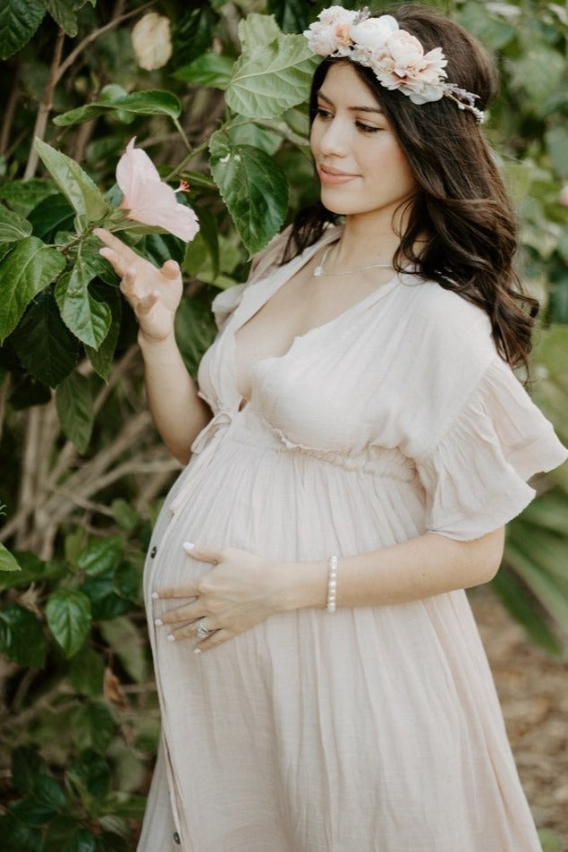 maternity deep v-neck buttons long sleeve ruffled photoshoot dress Momyknows Ivory Sheer Ruffle Cut Out Crop Slit Falbala Deep V-neck Mermaid Elegant Maternity Photoshoot Maxi Dress, Ivory-White / XL