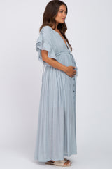 Light Blue Deep V-Neck Button Down Maternity Maxi Dress