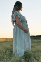 Light Blue Deep V-Neck Button Down Maternity Maxi Dress