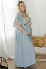 Light Blue Deep V-Neck Button Down Maternity Maxi Dress