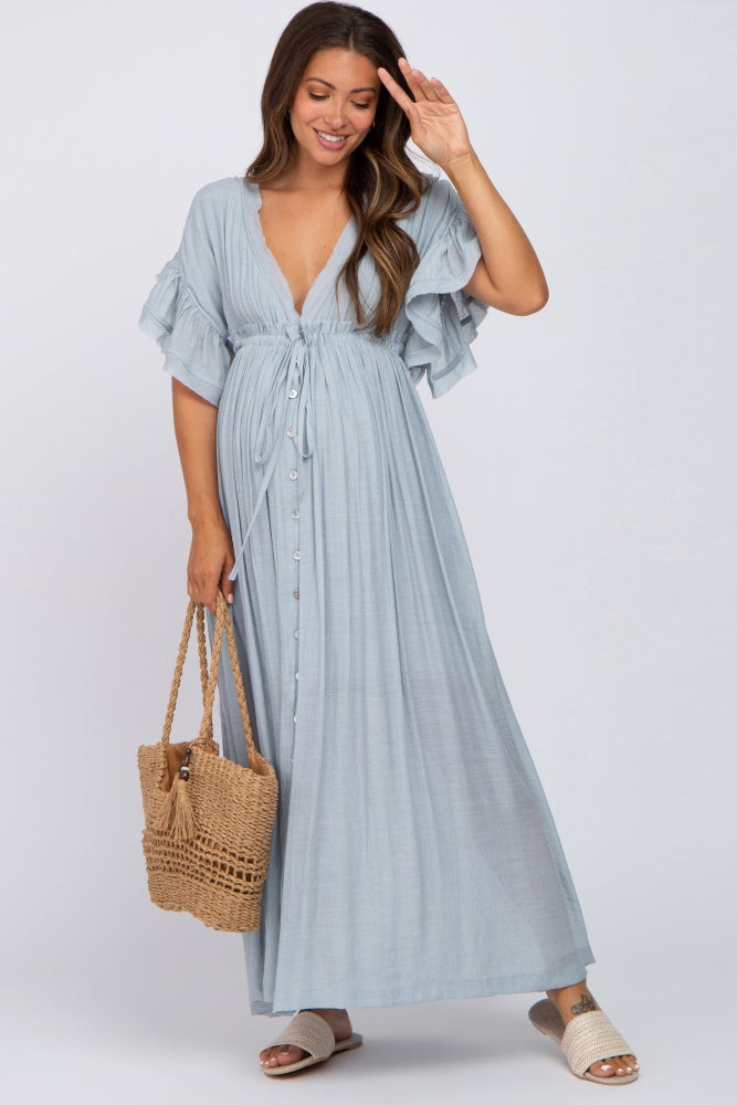 Light Blue Deep V-Neck Button Down Maternity Maxi Dress – PinkBlush