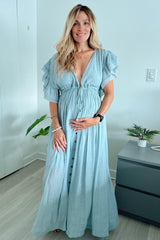 Light Blue Deep V-Neck Button Down Maternity Maxi Dress