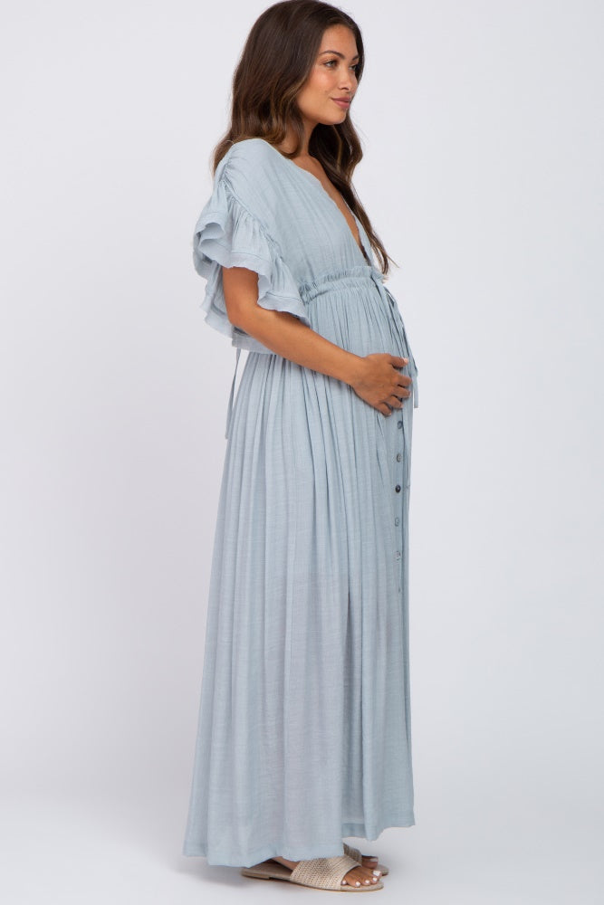 Light Blue Deep V-Neck Button Down Maternity Maxi Dress Light Blue Deep V-Neck Button Down Maternity Maxi Dress