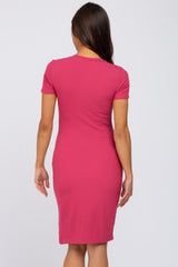 Magenta Ribbed Fitted Maternity Dress