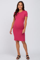 Magenta Ribbed Fitted Maternity Dress