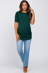 Hunter Green Ribbed Ruched Fitted Maternity Top