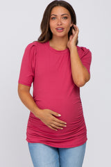 Magenta Ribbed Ruched Fitted Maternity Top