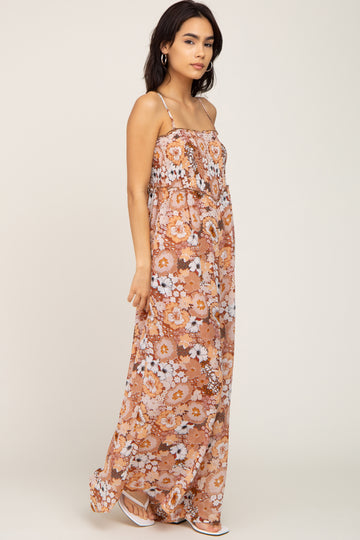 Camel Floral Sleeveless Jumpsuit