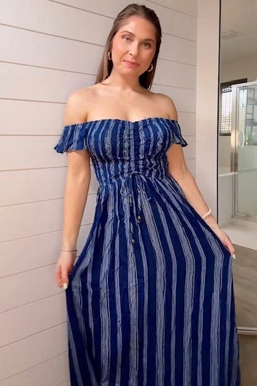 Navy Blue Striped Off Shoulder Front Tie Maxi Dress PinkBlush Navy Blue Striped Off Shoulder Front Tie Maxi Dress PinkBlush