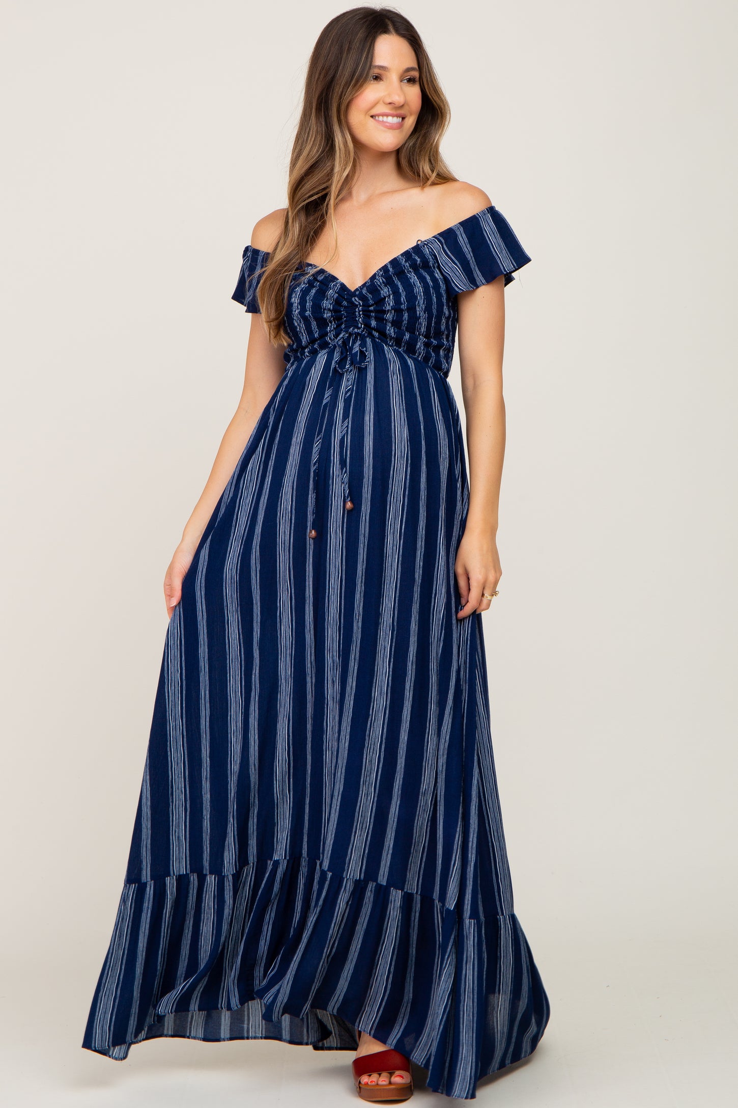 blue striped off shoulder dress Blue Striped Off The Shoulder Ruffle Dress