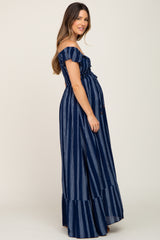Navy Blue Striped Off Shoulder Front Tie Maternity Maxi Dress