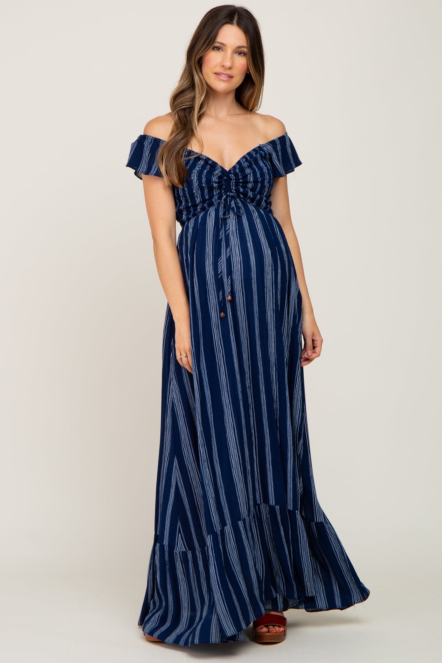 Navy Blue Striped Off Shoulder Front Tie Maternity Maxi Dress Navy Blue Striped Off Shoulder Front Tie Maternity Maxi Dress