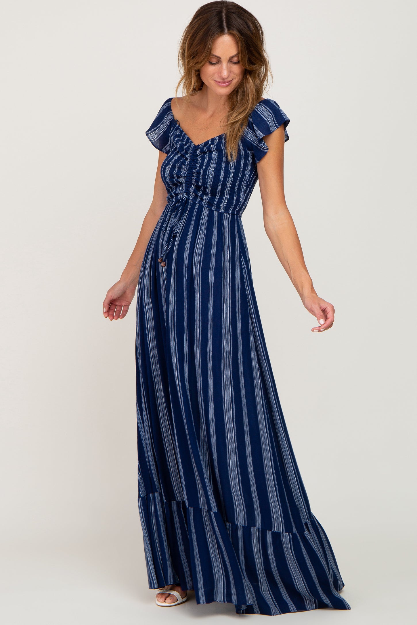 Navy Blue Striped Off Shoulder Front Tie Maxi Dress PinkBlush Navy Blue Striped Off Shoulder Front Tie Maxi Dress PinkBlush