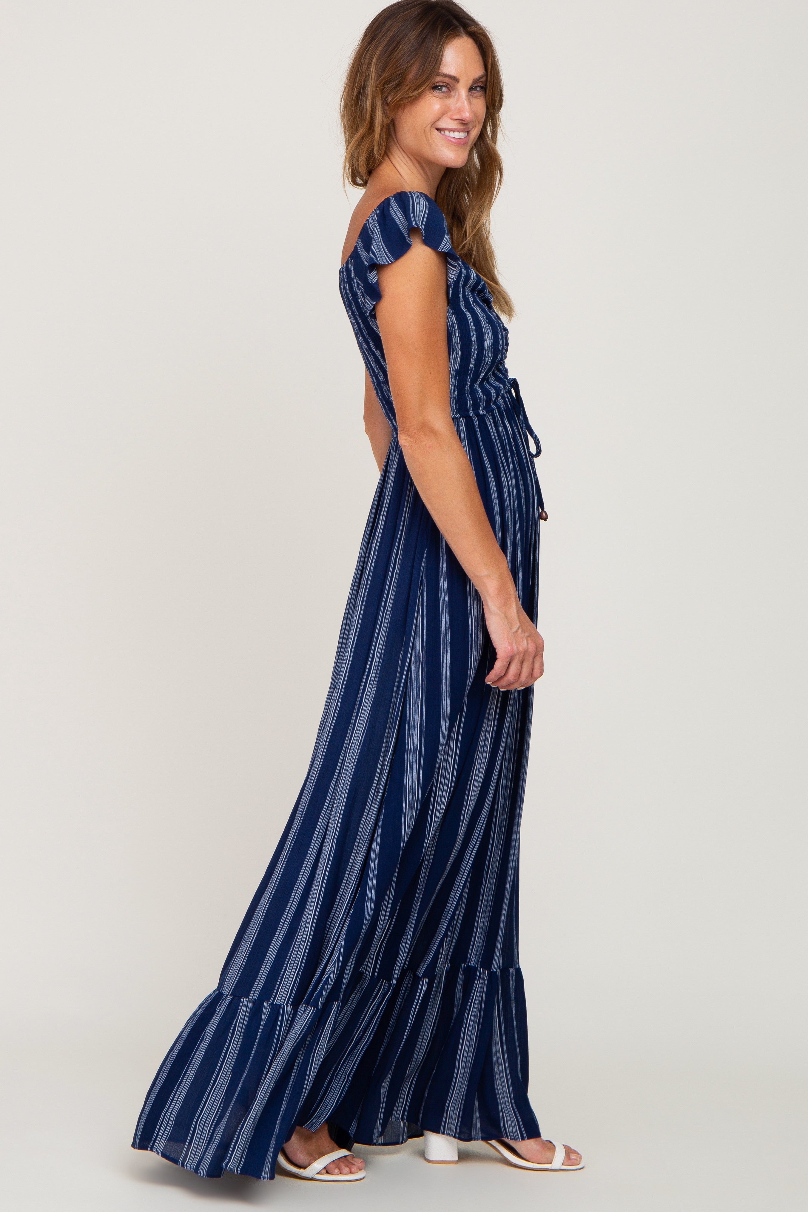 blue striped off the shoulder dress Navy Front Tie Maxi Wrap Dress Cos Light sku_339791 forward individuals Primary color:Gray
