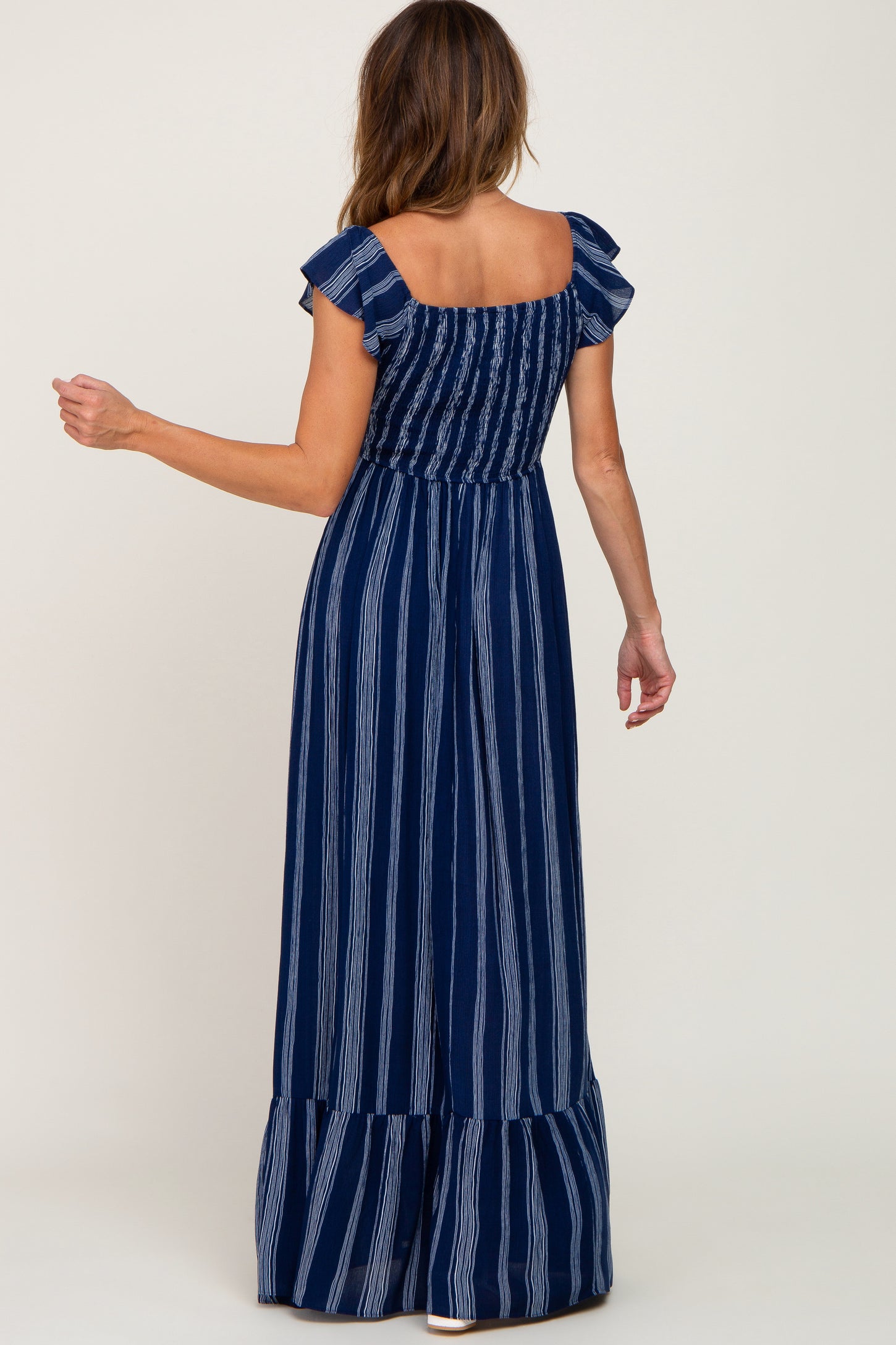 black and blue striped maxi dress Andres Otalora Sono Veri Strapless Striped Maxi Dress