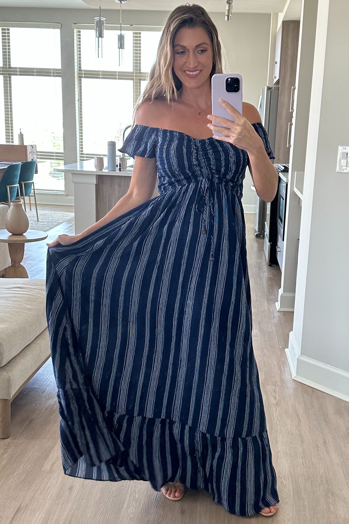 Navy Blue Striped Off Shoulder Front Tie Maxi Dress PinkBlush Navy Blue Striped Off Shoulder Front Tie Maxi Dress PinkBlush