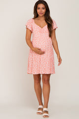 Coral Floral Ribbed Sweetheart Neck Ruched Front Maternity Dress