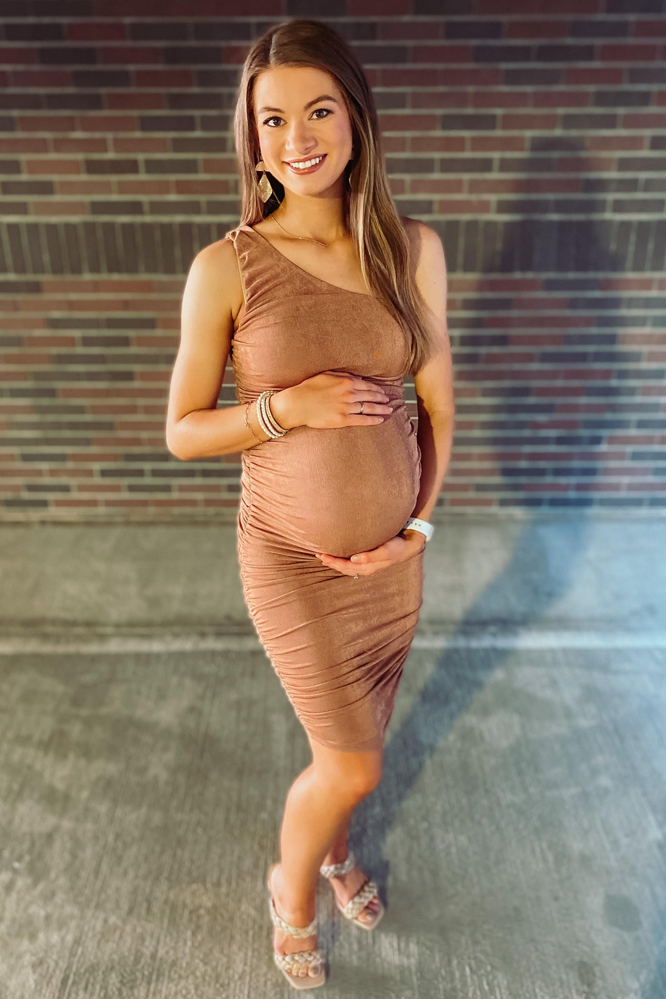 Brown One Shoulder Ruched Maternity Midi Dress PinkBlush Brown One Shoulder Ruched Maternity Midi Dress PinkBlush