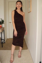 Brown One Shoulder Ruched Midi Dress