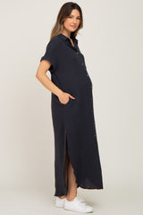 Charcoal Button Down Maternity Midi Dress