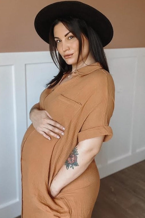 Camel Button Down Maternity Midi Dress