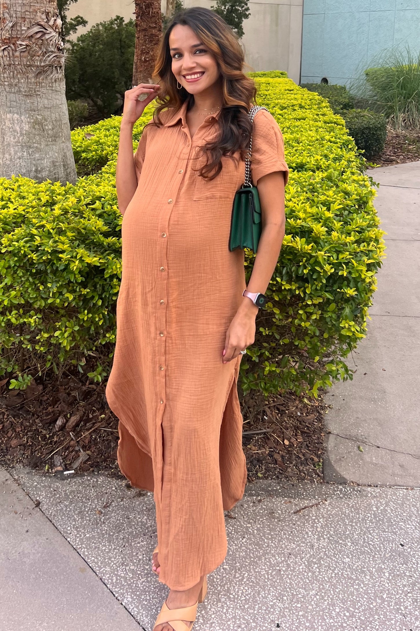 Camel Button Down Maternity Midi Dress