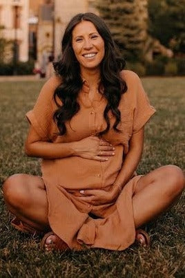 Camel Button Down Maternity Midi Dress