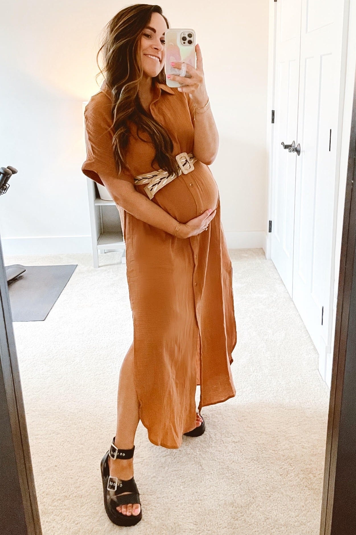 Camel Button Down Maternity Midi Dress