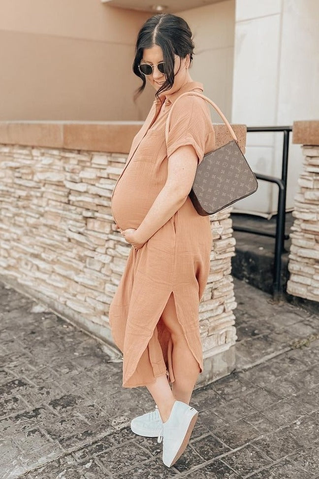 Camel Button Down Maternity Midi Dress