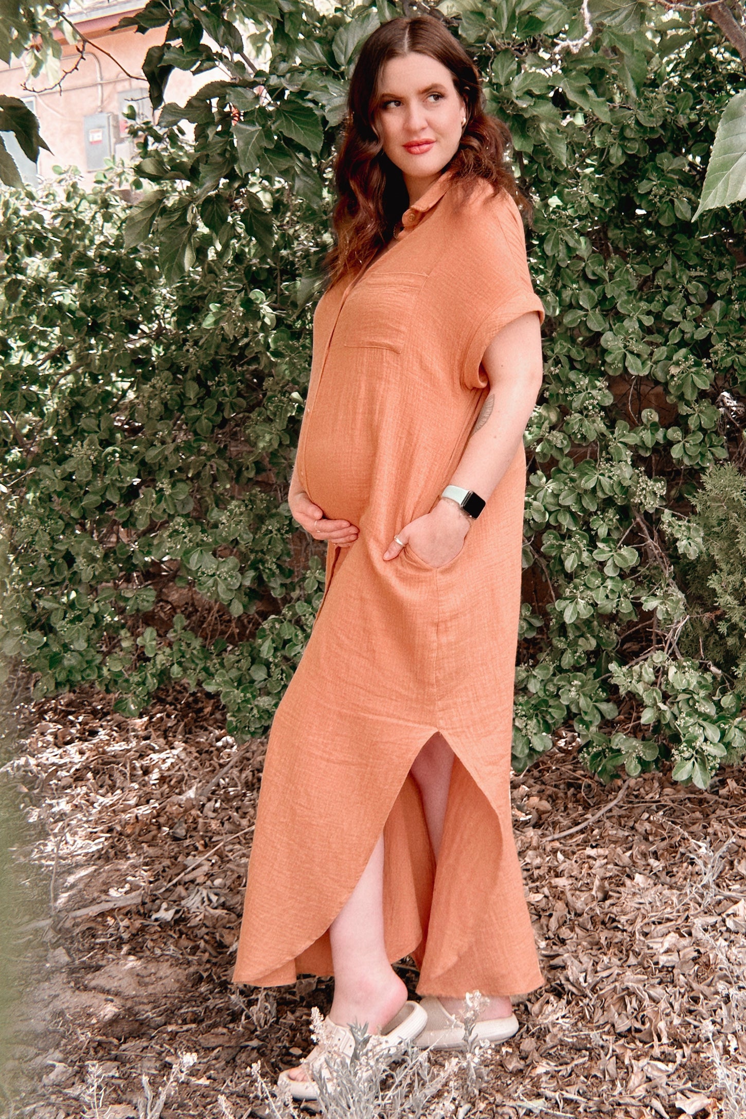 Camel Button Down Maternity Midi Dress