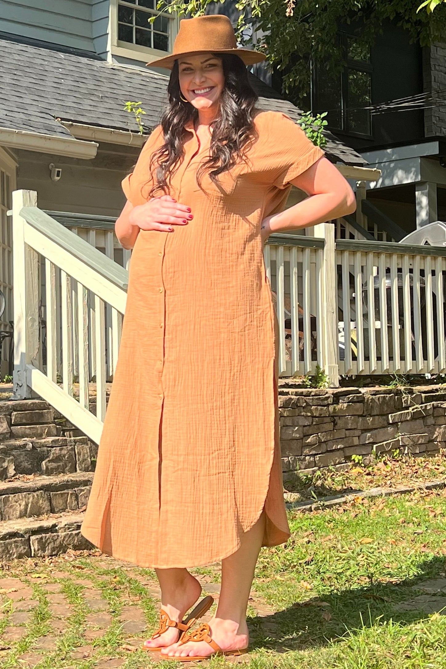Camel Button Down Maternity Midi Dress