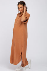 Camel Button Down Maternity Midi Dress
