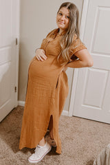 Camel Button Down Maternity Midi Dress