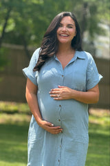 Light Blue Button Down Maternity Midi Dress