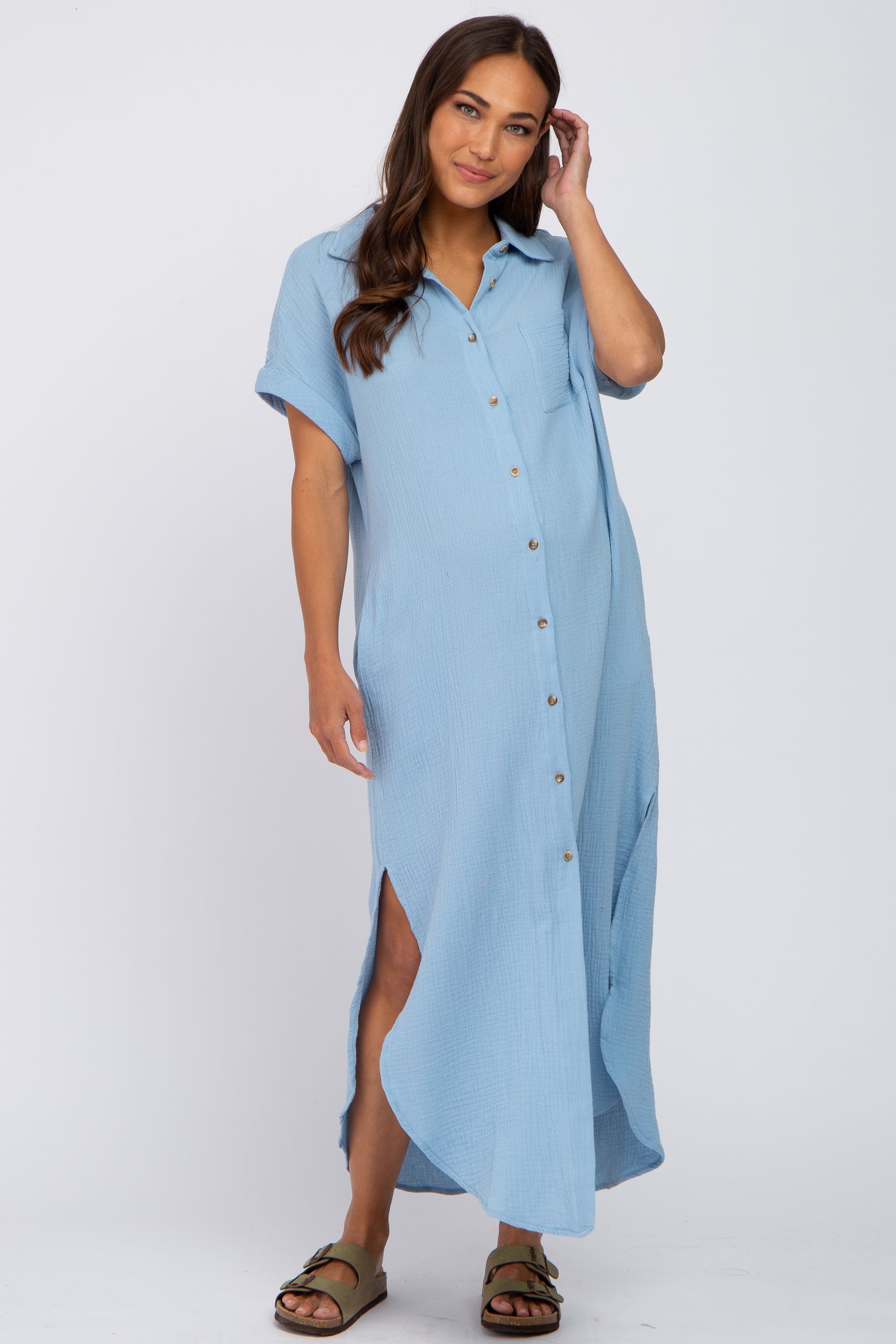 Light Blue Button Down Maternity Midi Dress Medium