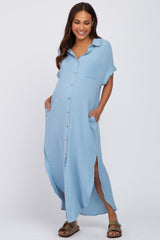 Light Blue Button Down Maternity Midi Dress